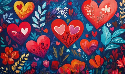 Fototapeta premium Vibrant hearts, flowers, leaves; colorful, painted artwork.