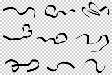 Collection of Abstract Black Ribbon and Wave Shapes - Decorative Silhouettes on Transparent Background