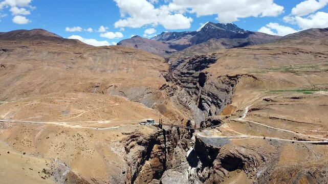 Aerial view of chicham bridge the highest bridge in asia at the height of 13596 ft and connects the two villages named chicham and kibber at spiti valley, India.