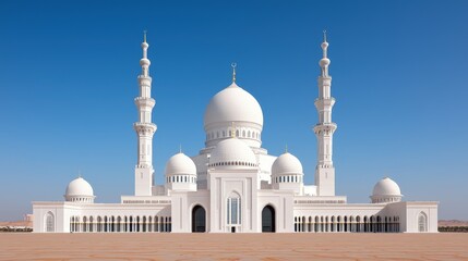Obraz premium Symmetrical front view of a grand white mosque with towering minarets and domes under a clear blue sky.