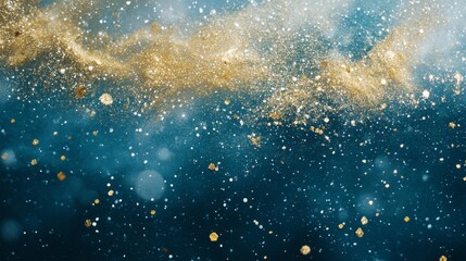 Obraz premium Cute falling gold snow flakes and snowfall backdrop. Wintertime fleck ice shapes. Snowfall weather white teal blue illustration. Flat snowflakes February vector. Snow hurricane scenery.