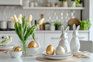 Obraz premium Easter table setting with tulips, Easter bunnies, and eggs with golden patterns in the white Scandinavian-style kitchen background. Beautiful minimalist design for greeting card. 