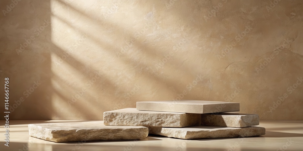 Poster stone platform for product display with sunlight shadow on a textured wall