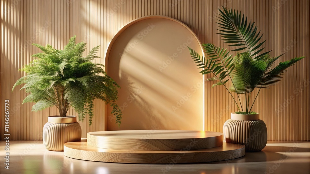 Poster Sunlight filtering through a wooden archway illuminates a natural product display, creating a warm and inviting atmosphere.