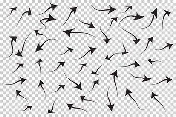 Abstract Design of Black Hand-Drawn Arrows in Random Flowing Directions on Transparent Background