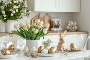 Easter table setting with tulips, Easter bunnies, and eggs with golden patterns in the white Scandinavian-style kitchen background. Beautiful minimalist design for greeting card. 