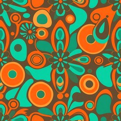 Naklejka premium Groovy Retro Floral Pattern: A vibrant, seamless design featuring bold orange, teal, and brown shapes reminiscent of 1970s style. Perfect for textile prints, wallpaper, and more.
