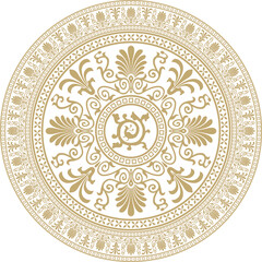Vector golden classic Greek round ornament. Circle of Ancient Greece and the Roman Empire. Byzantine painting of walls, floors and ceilings. Decoration of European palaces