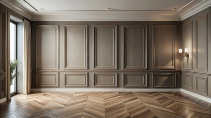 A spacious room with a light brown wall adorned with decorative molding and an elegant herringbone pattern hardwood floor