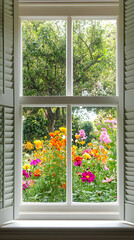 A vibrant garden view through a window, showcasing colorful flowers and greenery.