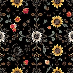 Dark Floral Fantasy: Sunflowers and intricate paisley patterns dance on a midnight backdrop. A captivating textile design, rich with autumnal hues and vintage charm. 