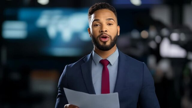 News Anchor Delivering Breaking News Scene Footage in Professional Studio