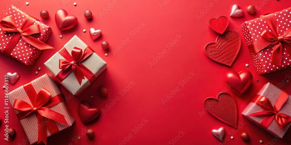 Aufkleber festive red background with red and white wrapped gifts adorned with red ribbon bows, surrounded by 