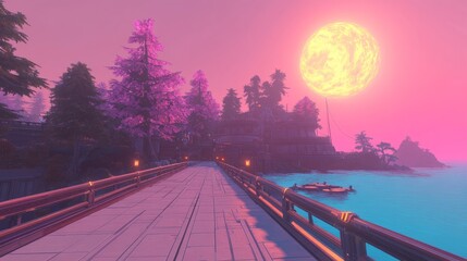 Serene Sunset Vista Pink Trees and Tranquil Bridge
