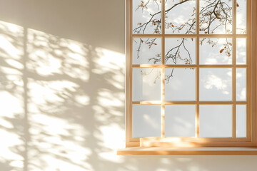A serene window scene with natural light and tree shadows creating a calming atmosphere.