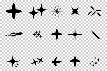 Collection of Black Sparkle and Star Icons - Decorative Silhouettes on Transparent Background