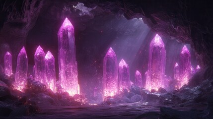 A mystical cave filled with glowing purple crystals, illuminated by soft light, creating an enchanting atmosphere.