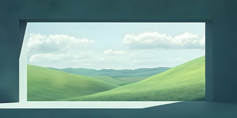 A serene view of rolling green hills framed by a modern window.