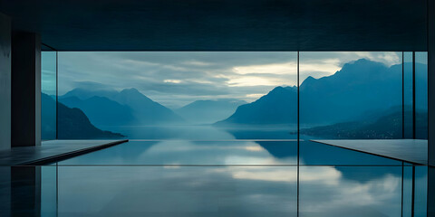 A serene interior view showcasing a tranquil landscape with mountains and water reflections.