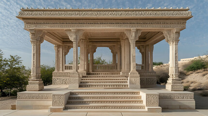 Obraz premium Indian Stepwell Pavilion with ornate carvings and desert surroundings, historic South Asian design
