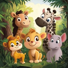 Naklejka premium Adorable Baby Animals In A Lush Green Jungle Setting