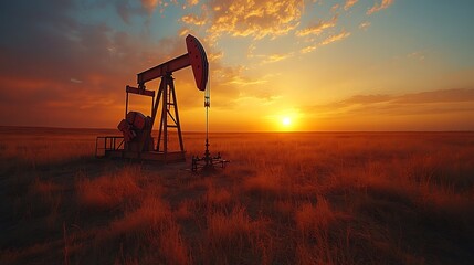 Naklejka premium Oil Pump Jack at Sunset in a Grassy Field