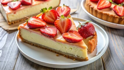 A slice of cheesecake topped with fresh strawberries and a pink glaze on a white plate, beside a whole cheesecake on a white plate on a rustic wooden table