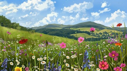 Obraz premium Vibrant Wildflower Meadow with Mountain Panorama