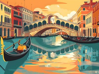 Fototapeta premium Gondolas glide under the Rialto Bridge in a colorful Venetian sunset