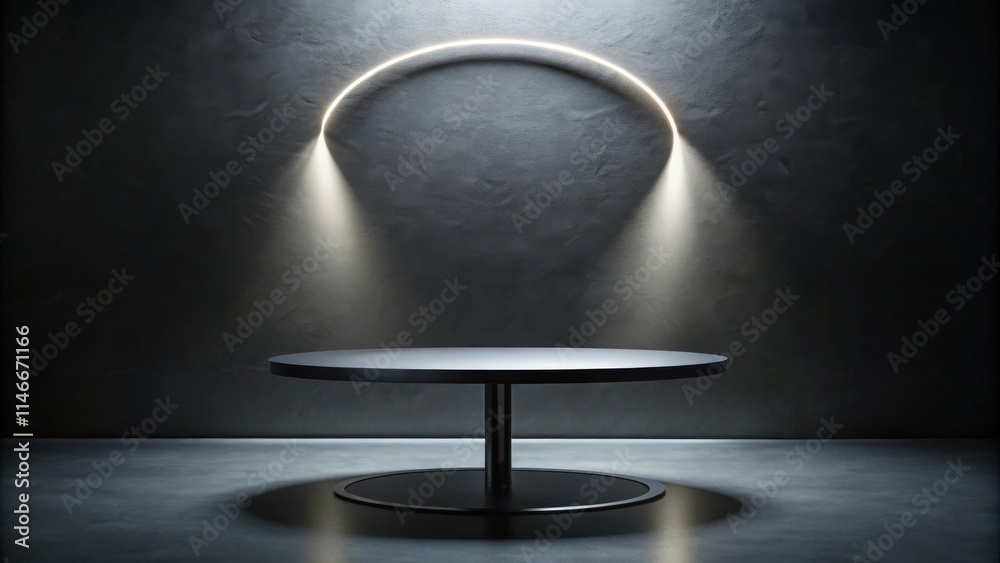 Fototapete minimalist display platform with circular light and dark concrete background