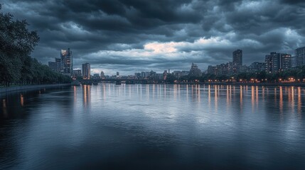 Fototapeta premium cityscape at dusk river reflection stormy sky