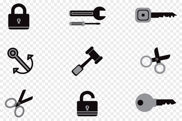 Collection of Black Vector Icons Including Locks, Keys, Tools, Scissors, and Anchor Symbols on Transparent Background