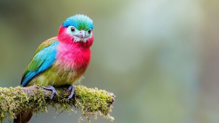 Obraz premium Vibrant colorful bird perched on mossy branch.