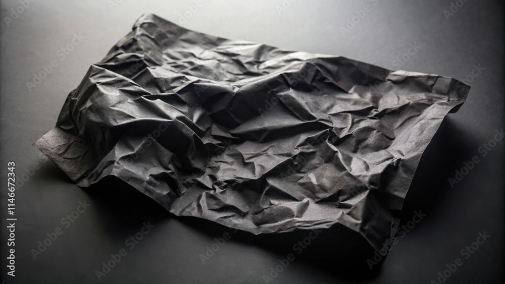 Aufkleber a crumpled sheet of black paper lies on a dark surface, casting a shadow that emphasizes its texture