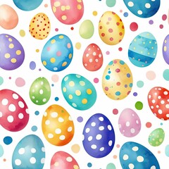 Colorful watercolor eggs with polka dots and stripes on a white background. Perfect for easter and spring celebrations.