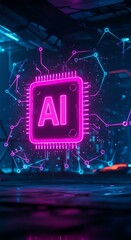 Futuristic AI Chip Neon Glow Digital Network Technology Background