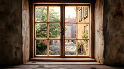 Obraz premium A serene view from a wooden window overlooking a cobblestone street and lush greenery.