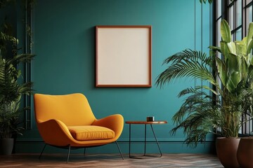 Fototapeta premium A cozy living space with an orange chair, table, and lush plants against a teal wall.