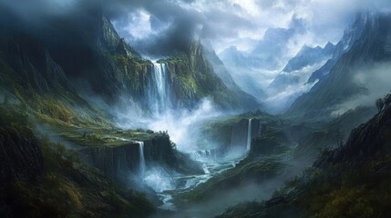 Fototapeta premium majestic mountain valley with cascading waterfalls