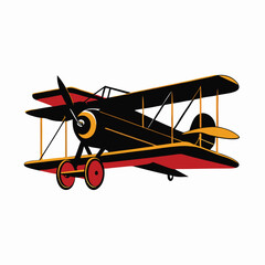 a black and red illustration of an old biplane.