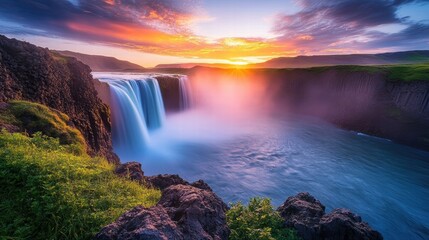 Fototapeta premium majestic waterfall sunset iceland landscape photography