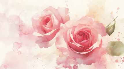 Naklejka premium A serene watercolor illustration of two pink roses, exuding elegance and beauty in soft pastel tones.