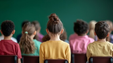 Fototapeta premium A group of children facing away from the camera, seated in a classroom, highlighting their diverse hairstyles and clothing.