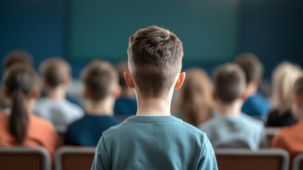 Obraz premium A young boy sits in front of a crowd, facing away, suggesting focus on a presentation or event, embodying curiosity and learning.