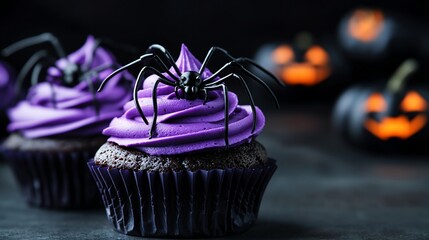 Spooky purple cupcakes with spiders and jack-o'-lanterns.