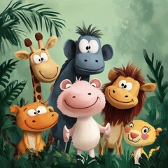 Naklejka premium Five Friendly Jungle Animals Together In Lush Foliage
