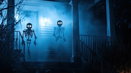 Two skeletons on a spooky house porch at night, illuminated by blue light and fog.