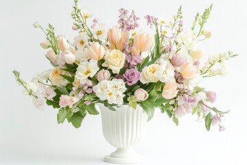 Naklejka premium Elegant mixed pastel colored spring bouquet in white vase on white background. Spring flowers. Tulips bouquet. 