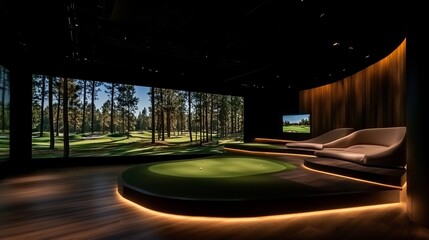 Luxurious indoor golf simulator room with putting green, large screen, and comfortable seating.