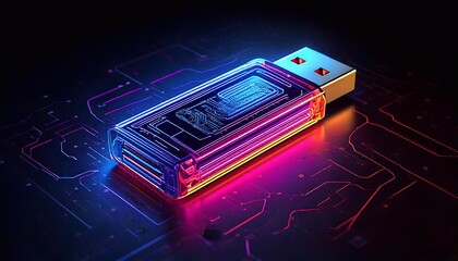 A vibrant flash drive shines with neon colors while resting on a dark circuit board background
